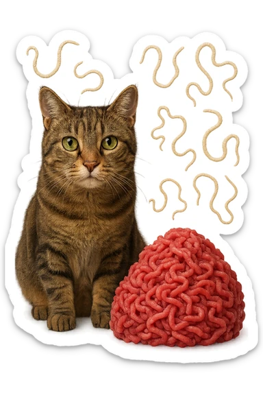 gatto stupendo e macinato di carne poco cotta a montagnetta stanno l'uno accanto all'altro con dei parassiti come la tenia che gli fluttuano intorno, iperrealistica 4k sticker
