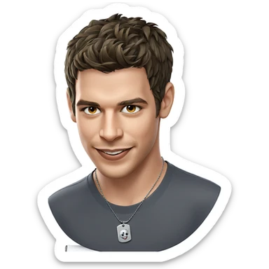 smiling boy with dog tags sticker