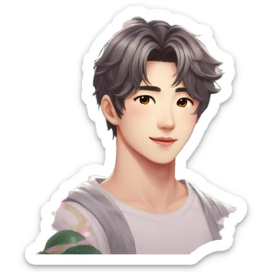 Gorgeous bright sparkly romantic Asian anime style guy with blushing face and flowers aesthetic trending style outside sticker