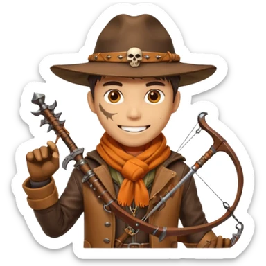 male human monster hunter emoji, wearing brown leather coat and wide hat, holding crossbow or rifle, with amulet shaped like skull, Halloween fantasy theme, confident smile, orange scarf, Apple emoji style, clean white background, square image sticker