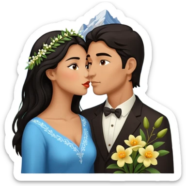 Kissing Couple traveling in Montenegro russian man and elegant  Latina girl delicate flowers and mountains in the background  sticker