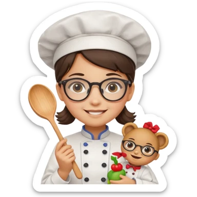 girl kid italian chef, uniform, wearing glasses, holding toy sticker