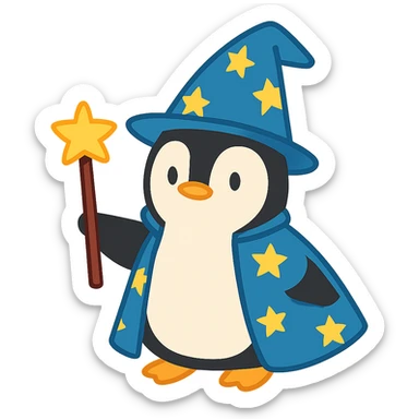 flat toon style penguin wizard with a starry hat sticker