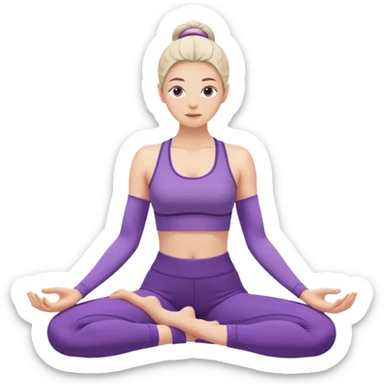 A woman in purple yoga clothes seated and bending forward to touch her toes, calm minimalist art style. sticker