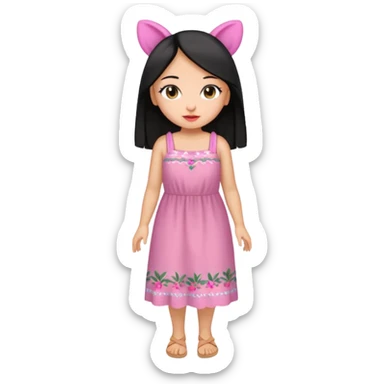 Gordita, ojos pequeños de color cafe oscuro, labios pequeños y rosados, piel trigueña, orejas pequeñas, cabello largo lazio y negro, pequeña. cuerpo completo. sticker