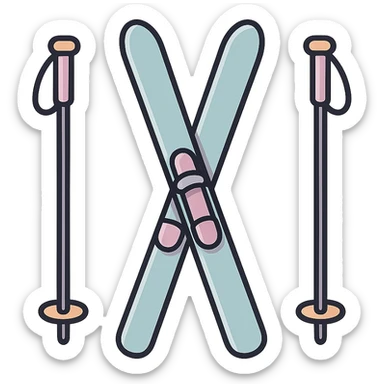 cross-country skis standing, slightly inclined in opposite directions, poles on the sides angled outward, detailed shading, thin clean outlines, soft rounded features, pastel palette #98B5BC #B5B3C1 #C9A3C9 #E4C0CA #F7DCD1 #F7C0AA, Japanese pop art, sticker look, highly detailed, vector clarity, soft lighting, subtle shadows, transparent background sticker