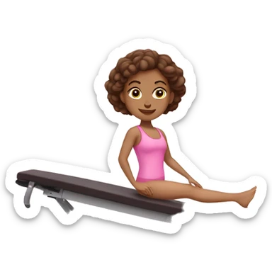 Caucasian girl with brown hair and brown eyes doing Pilates in a pink workout set on a Pilates machine  sticker