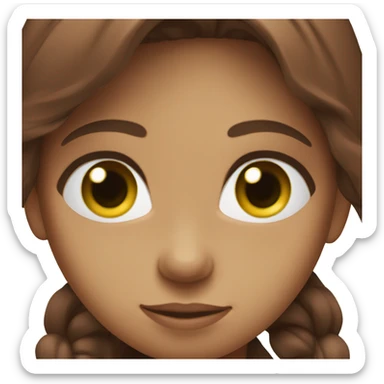 the girl has dark red hair and straight hair she has green eyes she is wearing brown tshirt sticker