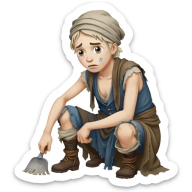 Poor Victorian laborer cowering dressed on rags sticker