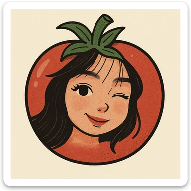 Ghép khuôn mặt trong ảnh này vào một trái cà chua, giữ nét dễ thương và tự nhiên, nền đơn giản, phong cách hoạt hình. sticker