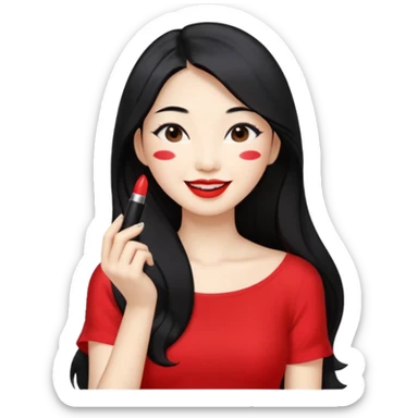 Korean woman with long hair applying lipstick to upper body, smiling face sticker