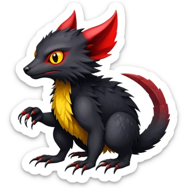 a black exotic edgy vernid-fionbr-Fakémon-creature, with red belly and yellow eyes, full body sticker