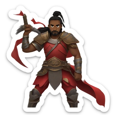 Fierce warlord in red armor and a reaper sword, hair in man bun sticker