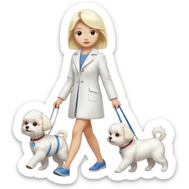 blonde woman wearing white, walking a small maltese dog. sticker