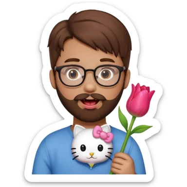 Brown hair guy and a heart shaped eyes with his tongue out with a beard and glasses with a hello kitty and a tulip in his hand   sticker