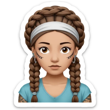big lose braids starting from the top of the head woman face wiith big visible braids and mono color headband on head strict face and braids as big as headband and lots and lots of face tattoos sticker