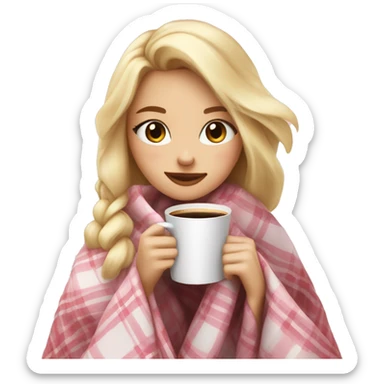 cute blonde girl wrapped in pastel pink plaid blanket drinking coffee sticker