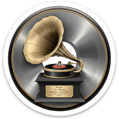 A dark metal platinum music award plaque The center features a relief of a vintage gramophone or stylized vinyl record in a slightly darker metallic tone sticker