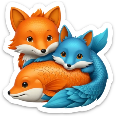 An orange fish and a teal blue fox, that are hugging or cuddling each other sticker