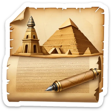 An icon showing a rolled parchment scroll, a quill pen, and ancient landmarks like pyramids and columns in the background. The design symbolizes the study of past civilizations, events, and heritage. Transparent background emphasizes the timeless exploration of human history. sticker