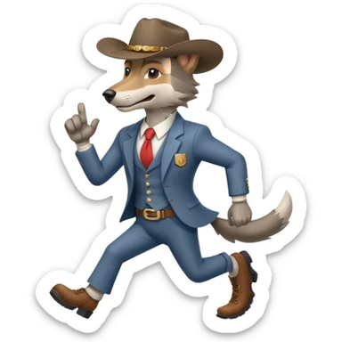 Big muscler grey wolf hound with cowboy hat and suit. With big bold letters spelling “RUNNER” sticker