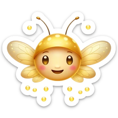Cinematic tiny glowing firefly, round and chubby, soft golden light, tiny happy face, gentle floating motion, surrounded by dreamy sparkling dots. sticker