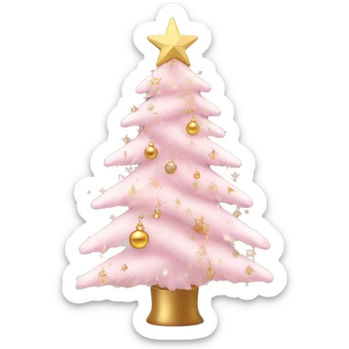 A Christmas tree with pastel pink and gold decorations, delicate ornaments, a star on top, and small twinkling lights. Background includes soft snowflakes. sticker