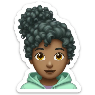 Dark curly hair girl in mint hoodie sticker
