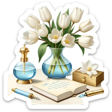A luxurious still life featuring an ornate glass perfume bottle with a golden atomizer, a handwritten love letter, and a bouquet of white magnolias and pale blue tulips, with a pearl ribbon cascading over the table.
 sticker