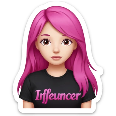 Girl with dark pink long hair wearing a black tshirt "influencer " in pink lettering font sticker