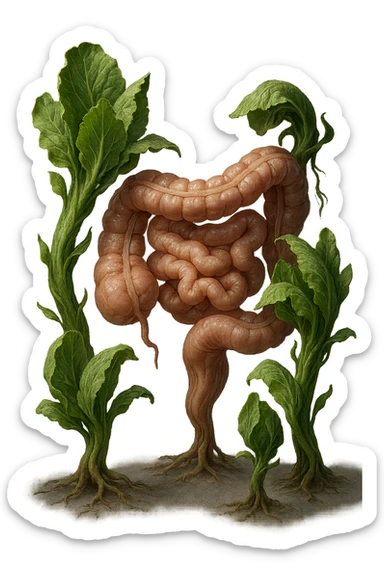 Ultra-realistic 4K illustration: stylized lettuce leaves depicted as plant-like creatures interacting with a human anatomical model of the intestine. The scene is surreal and scientific, with organic textures, refined biological details, dramatic lighting, and a bio-fantasy photorealistic style sticker