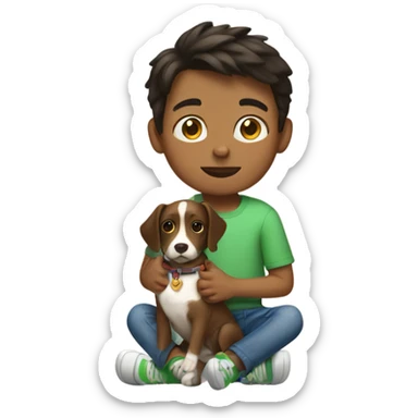 Brunette boy wearing shorts with a dog on its lap sticker