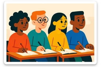 four diverse students sitting attentively following a course, studious atmosphere, modern illustration style, simple background sticker