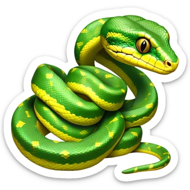 cinematic-green tree python-realistic-full-body-coiled-emoji,-thick-scaled-body-looped-tightly,-intricate-tellow and green-patterned-scales-reflecting-light,-head-tilted-dramatically,-slitted-eyes-staring-calmly,-simplified-yet-realistic-focused-feature sticker
