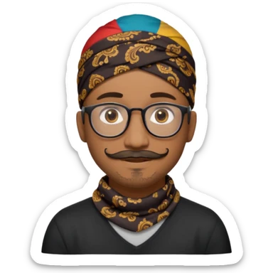 A friendly person with medium-brown skin, large warm brown eyes, thin rectangular glasses, a short mustache and small goatee, wearing a black paisley bandana. Rounded face, calm slight smile. Head-and-shoulders emoji style, bold outlines, simple shapes, bright colors, transparent background. sticker