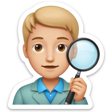 a magnifying glass over a simple person icon with subtle gradients and a friendly expression sticker