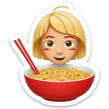 Chinese cuisine humanless avatar in bright emoji-style illustration. Noodles bowl, red and gold colors, simple shapes, flat design, bold and energetic. sticker
