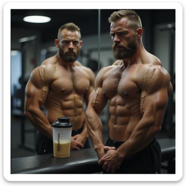 realistic male bodybuilder, advanced cutting phase, very lean and dry physique, less full muscles, visible veins, lean appearance, in front of mirror, worried look, gym with soft light, protein shaker on bench sticker