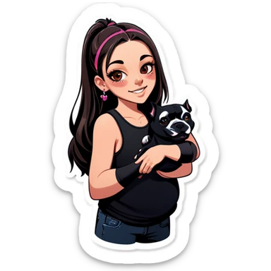 Slightly overweight beautiful girl with choppy long dark hair with her nose piercing and her black iPhone with her her pet pit bull girl with an underbite layed next to her sticker