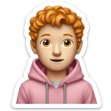 a ginger-brown freckled boy in a pink hoodie holding a yellow pencil  sticker
