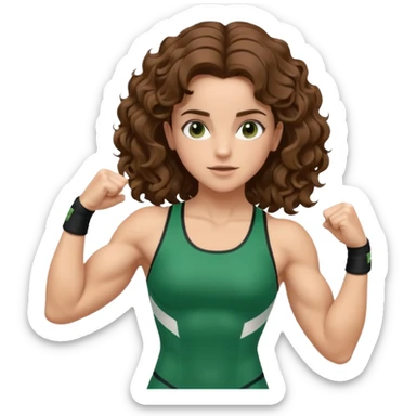 flexing muscles, big biceps, muscled torso, very beautiful italian girl, looking like Emma Watson, with curly and big volume very bright brown hair, dressed in a beautiful green sports costume sticker