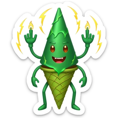 evil green cone man with 6 legs with lightning in the back sticker