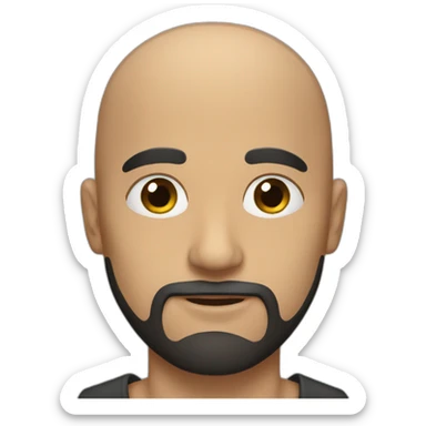 A bald man with brown eyes and a black beard sticker