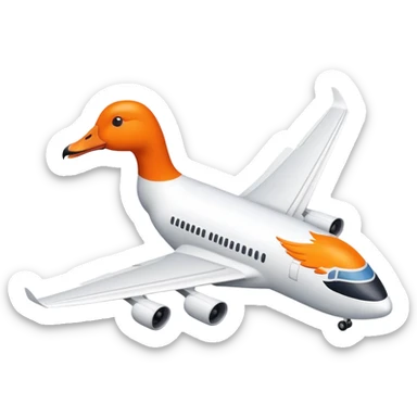 A commercial passenger airplane with a white goose head and orange beak replacing the cockpit sticker