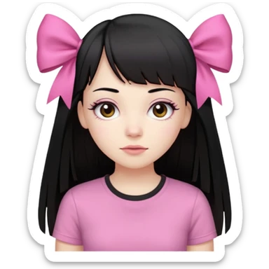 девушка с бледной кожей у неё длиные прямые черные волосы и челка прямая длинная ниже бровей глаза коричневого цвета худая у неё длиные ресницы одета в розовую футболку и на влосах слева бантих sticker