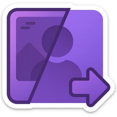 Gradient logo for photo restoration featuring an old photograph transforming into a clear image, in a purple color style, no background. sticker