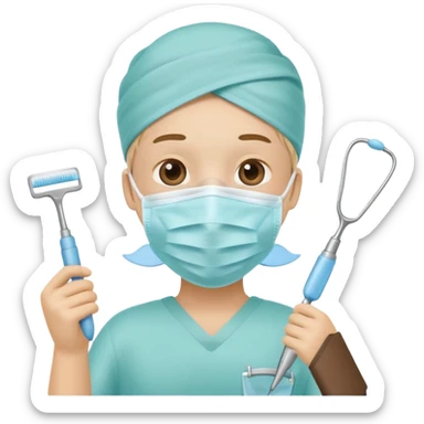 Tooth character wearing a medical face mask, holding dental equipment, clean flat illustration, simple emoji design, suitable for Canva.” sticker