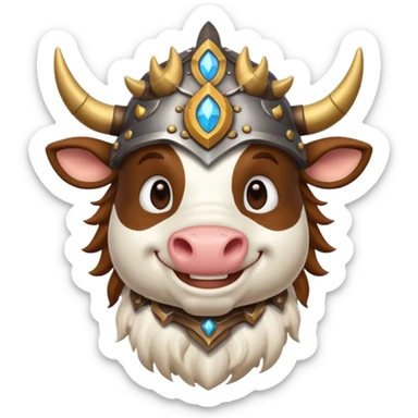 cow character inspired by World of Warcraft, in fantasy armor, stylized as a classic emoji sticker