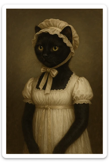 black cat in period-accurate Pride and Prejudice clothing, evoking the style of the early 1800s sticker