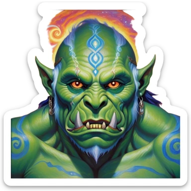 A luminescent galactic enchanted orc, his ethereal presence shimmering with otherworldly energy, each detail radiating with mystical power and ancient wisdom. The painting, a masterpiece of acrylic art, captures the orc's hauntingly beautiful visage in exquisite detail. Swirls of cosmic colors dance around him, evoking a sense of celestial wonder, while intricate patterns of glowing runes adorn his intricate armor. The image is vivid and captivating, drawing viewers into a mesmerizing realm of fantasy and magic. sticker